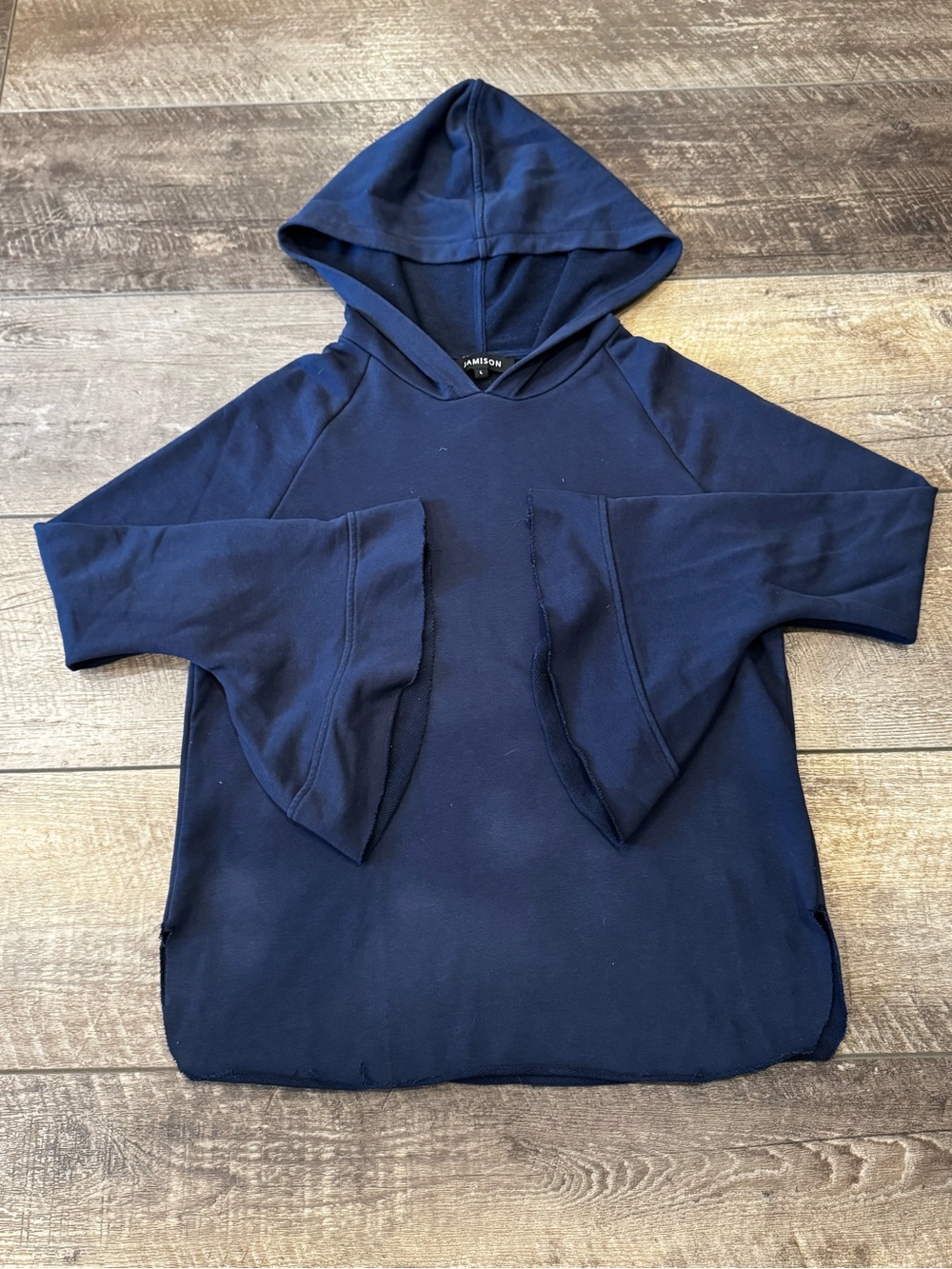 Evereve Jamison Bell Sleeve Navy Hoodie Cotton Blend Raw Hem Size Large